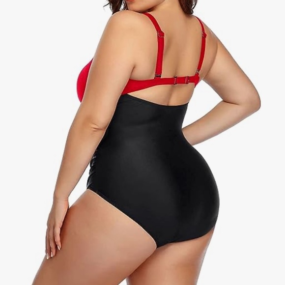 Daci Women Red Black Plus Size Swimsuits 1 Piece Cutout Tummy Control V Neck - Picture 2 of 10